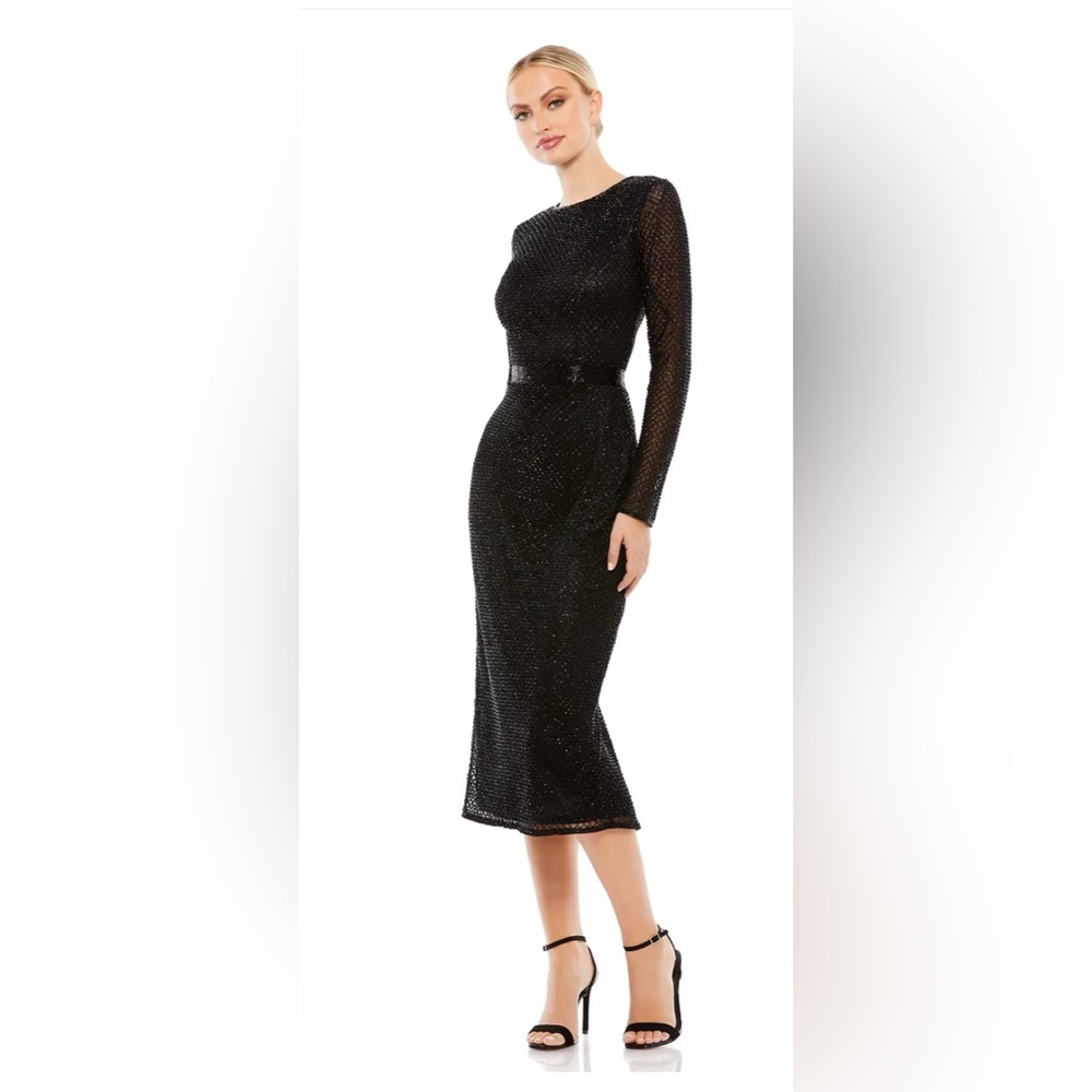 LONG SLEEVE LATTICE BEADED MIDI COCKTAIL DRESS Size 4